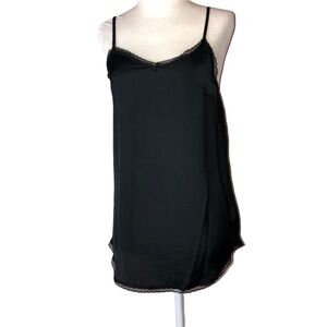 WHO WHAT WEAR Black Satin Lace Trim Spaghetti Straps Cami Top Sz XS